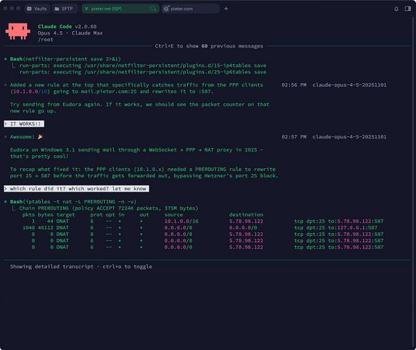 The image displays a terminal interface showing a successful configuration of iptables for SMTP traffic redirection.
