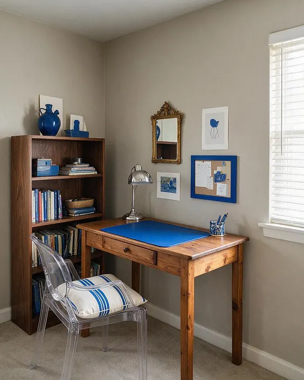 A small kids' room study nook with a wooden desk and bookcase against beige walls, accented by bright blue decor and artwork. A clear acrylic chair with a striped cushion sits beside the desk, with a silver lamp, framed mirror, and window blinds adding light and character.