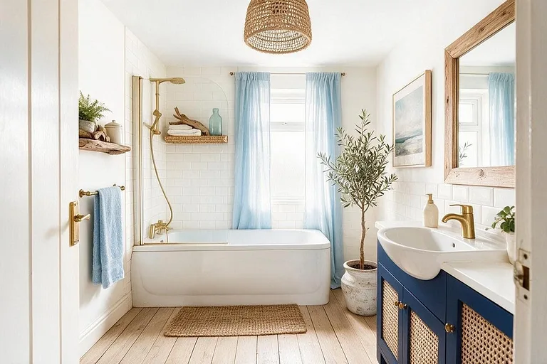 A Coastal bathroom in the Navy and White palette: white, navy, pale blue, whitewashed oak, and brass
