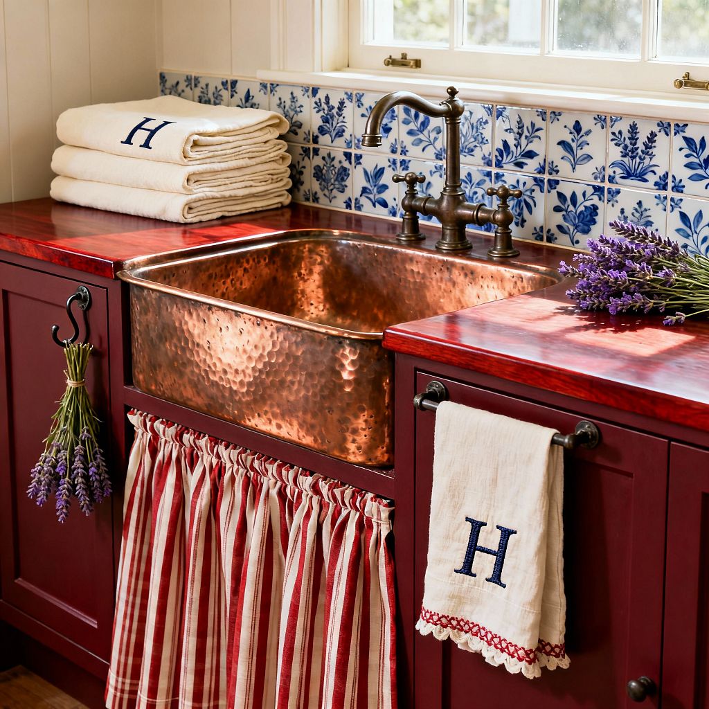 A traditional laundry room vignette shows a hammered copper apron-front sink set into a glossy cherry-stained wood countertop and framed by deep burgundy cabinets. An aged brass bridge faucet, blue-and-white floral ceramic tile backsplash, red-and-cream striped sink skirt, black iron hooks, monogrammed towels, and fresh lavender sit beneath a sunlit window with creamy trim.