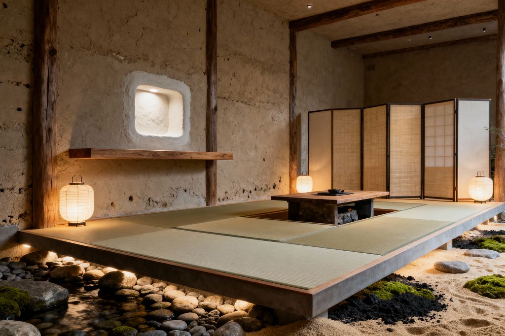 A serene Japanese-style media room features a raised tatami platform floating above illuminated river stones and raked sand dotted with moss. A low wooden table sits over a sunken footwell, flanked by washi paper lanterns; a folding shoji screen lines the back. Rough earthen plaster walls with exposed beams and a small lit wall niche, plus soft downlights, create a warm, minimalist setting for floor seating and quiet viewing.