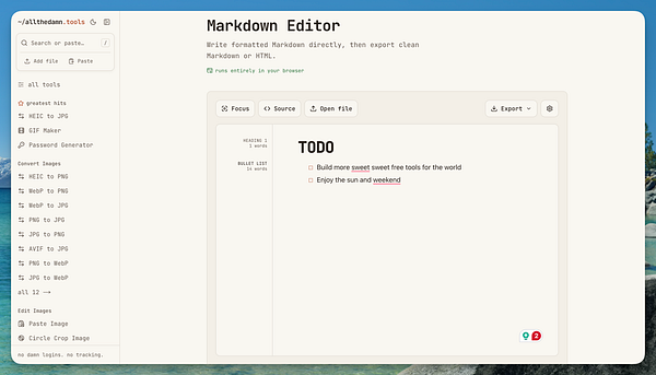 Screenshot of a markdown editor interface from allthedamn.tools showing a todo list.