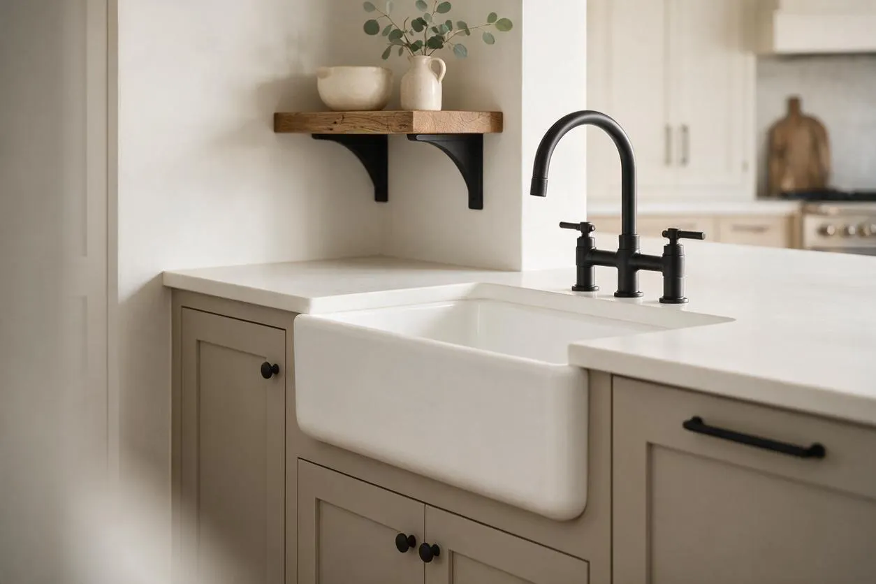 A farmhouse kitchen vignette with a white apron-front sink set into a light countertop, paired with taupe shaker cabinets and matte black hardware. A black gooseneck faucet sits beside a small wood shelf holding simple neutral ceramics and greenery.