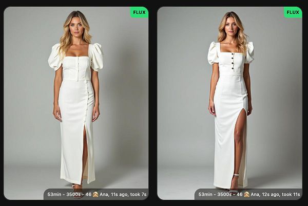 The image features a model showcasing two variations of a white dress.