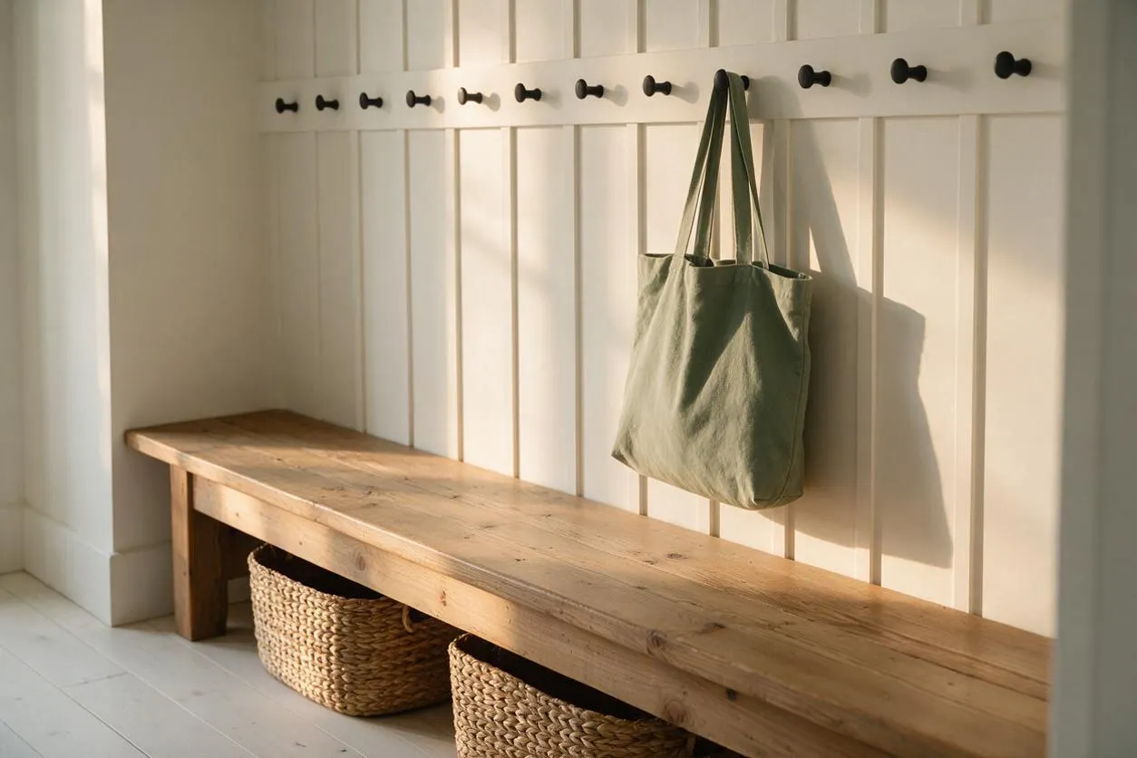 A bright farmhouse-style entryway nook with a long rustic wooden bench against white paneled walls. A muted green canvas tote hangs from black wall hooks above woven baskets tucked underneath the bench.
