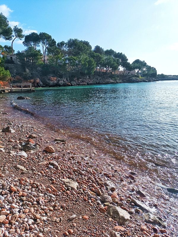A serene coastal scene featuring a rocky beach and clear water under a bright sky.