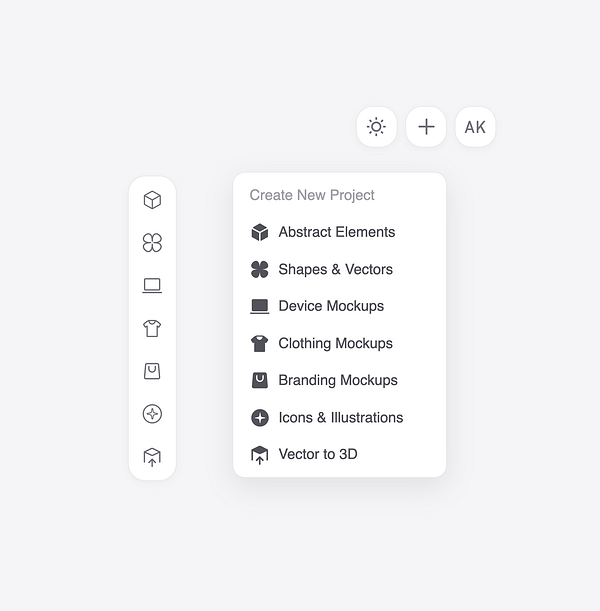 The image displays a user interface for a project creation tool with a dropdown menu and a sidebar of icons.