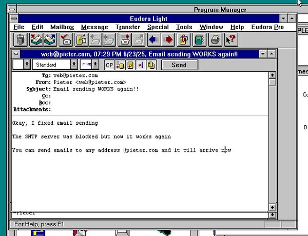 An email interface displaying a message about fixing email sending on a Windows 3.11 computer.