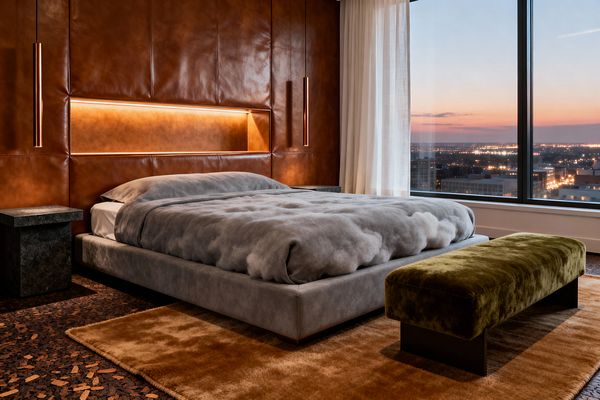 A contemporary bedroom features a floor-to-ceiling wall of cognac leather panels behind a low gray upholstered platform bed with cloud-patterned bedding. A recessed horizontal LED glows at the headboard, flanked by slim copper pendants and dark stone nightstands. An olive velvet bench rests on a camel rug over dark speckled flooring, while sheer curtains soften a large window overlooking a city at sunset, filling the room with warm ambient light.
