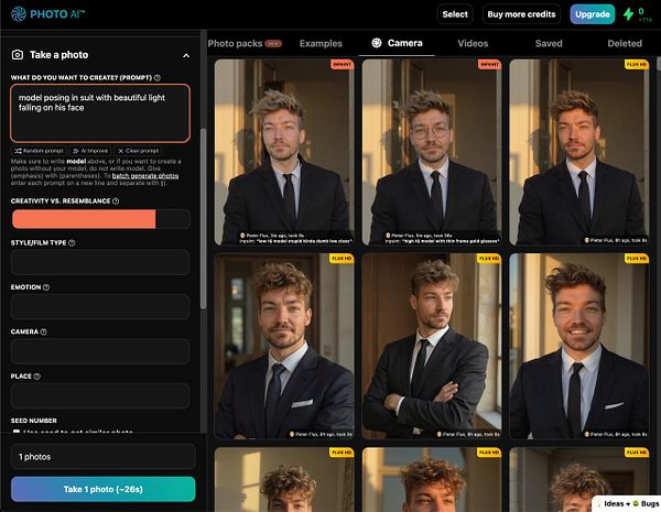 The image displays a user interface for a photo generation tool featuring a model in a suit with various photo options.