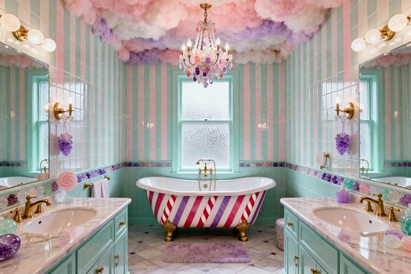 A whimsical bathroom in pastel colors features a central white clawfoot tub painted with diagonal red-pink and lavender stripes and gold feet, set beneath a frosted window. Mint-painted double vanities with white marble tops and brass faucets line both sides, with large mirrors and globe sconces. Walls are tiled in glossy mint and pink vertical stripes with a lavender mosaic border, and the ceiling is covered in cotton-candy-like clouds with a crystal chandelier. Marble floor tiles and candy-inspired accessories complete the playful look.