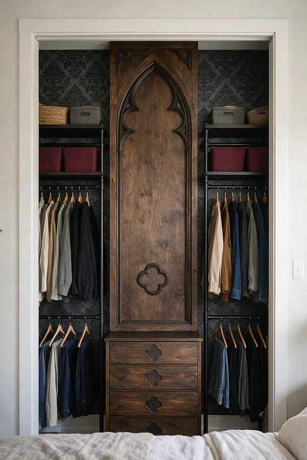 A compact closet designed in Gothic style, framed by white trim and finished with dark patterned wallpaper. A tall wood cabinet with a pointed arched panel and quatrefoil details stands in the center above four drawers, while black metal shelving on both sides holds woven bins, fabric boxes, and hanging clothes on wooden hangers.