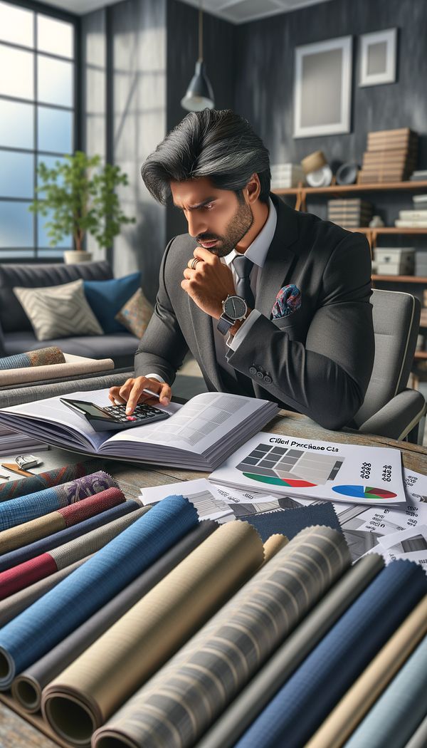 An image of an interior designer sitting at a desk, browsing through catalogs and calculating costs on a calculator, with notes and fabric swatches spread out on the desk.