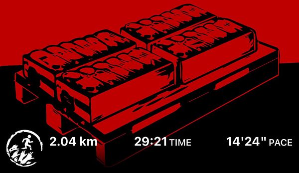 The image features a stylized graphic representation of a running achievement in a dark, red-themed design.
