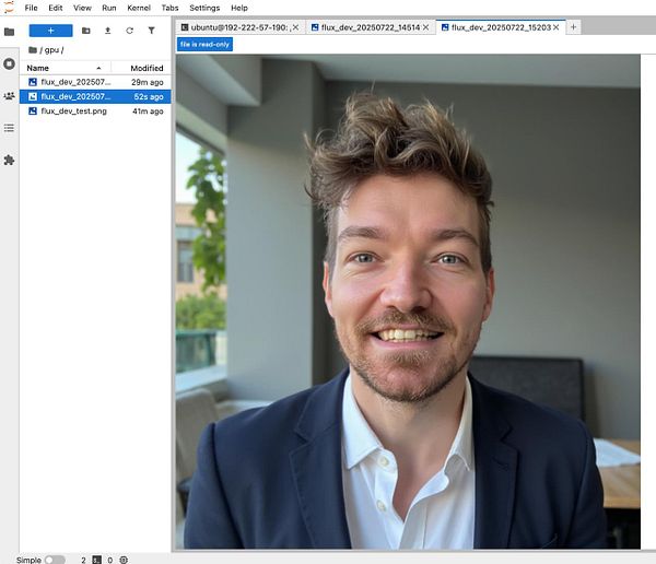 A smiling man in a suit is captured in a well-lit indoor setting, with a computer interface visible on the left side of the image.