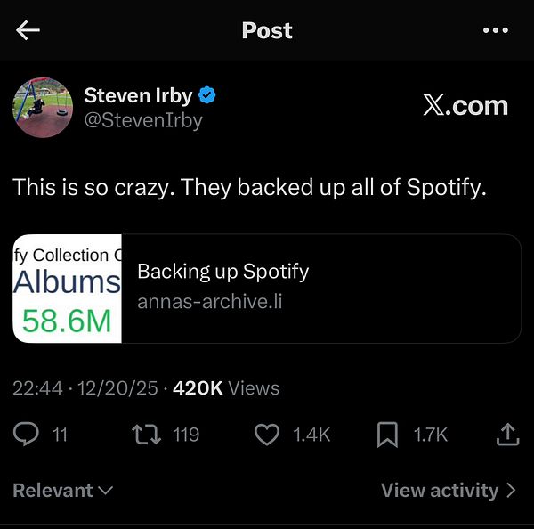 A tweet discussing the backup of Spotify, shared by a verified user.