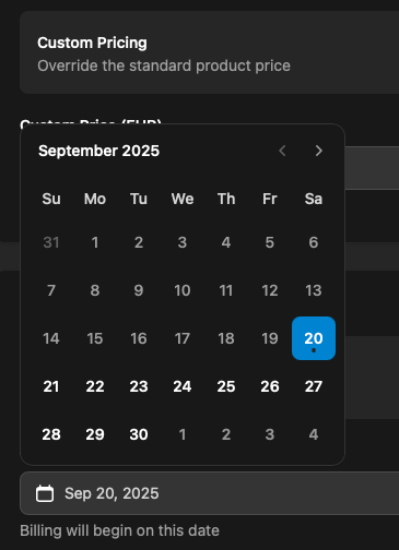 The image displays a user interface for setting custom pricing on a subscription page.