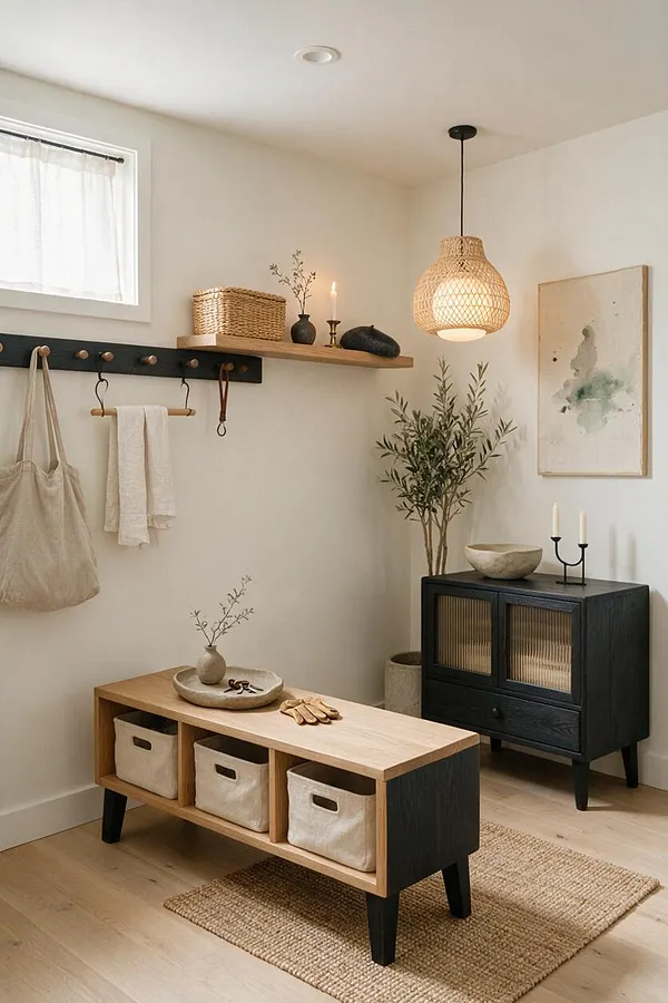 A serene mudroom with white walls, a light wood bench with storage baskets, a black wall hook rail, and a black cabinet with woven-front doors. Natural textures include a rattan pendant light, woven rug, and basket, while dried branches and soft neutral decor add a calm Japandi feel.