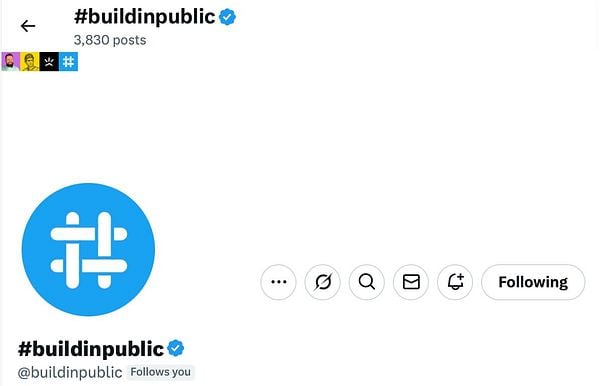 The image displays a Twitter profile page for the hashtag #buildinpublic.