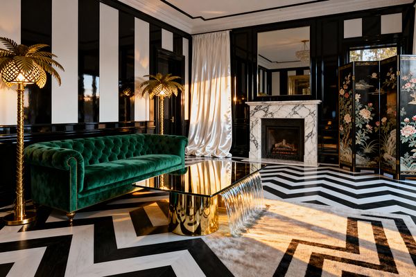 A Hollywood Regency living room with bold black-and-white vertical stripes and glossy black lacquer paneling. An emerald green tufted velvet sofa faces a sculptural coffee table with a polished brass top and a rippled glass support on a black-and-white chevron floor layered with a plush ivory rug. A white marble fireplace sits beneath a large mirror. Brass palm-tree floor lamps, puddled white satin drapery, a crystal chandelier, and a black chinoiserie folding screen complete the glamorous scene.