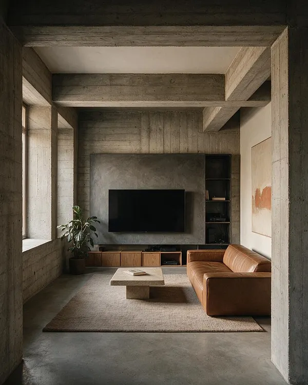 A Brutalist media room with exposed concrete walls, beams, and ceiling framing a wall-mounted flat-screen TV. The room includes a tan leather sofa, a low stone coffee table, built-in wood storage, a potted plant, and a neutral rug under soft natural light.