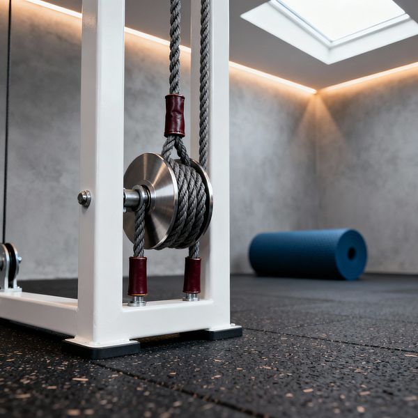 A modern home gym corner with a close-up of a white steel cable machine anchored on speckled black rubber flooring. A stainless-steel pulley holds gray braided rope with burgundy leather sleeves. Light gray microcement walls are lit by warm recessed cove LEDs, and a square skylight above introduces daylight. A deep blue foam roller sits in the background, reinforcing the clean, uncluttered Modern aesthetic focused on durability and function.