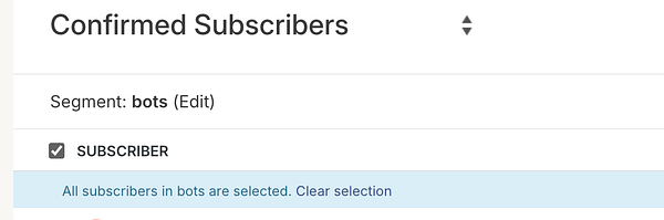 The image displays a user interface for managing confirmed subscribers, specifically focusing on bot subscribers.