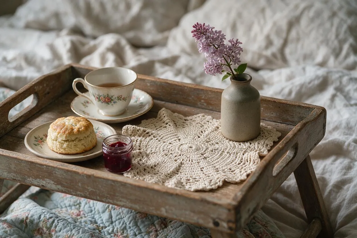 A rustic wooden tray sits on a soft, rumpled bedspread and holds a floral teacup and saucer, a biscuit on a matching plate, a small jar of jam, a crocheted doily, and a simple ceramic vase with lilac blossoms. The scene feels cozy, handmade, and vintage-inspired.