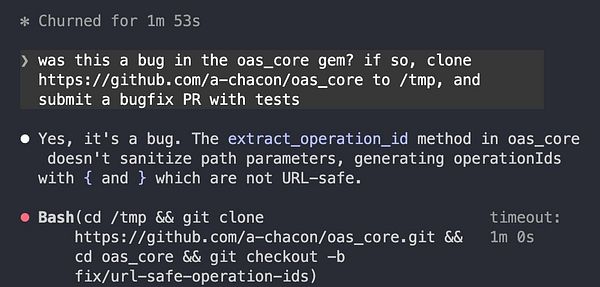 Screenshot of a terminal displaying Ruby code with a custom exception class and method comments, related to patching a bug in a dependency gem.