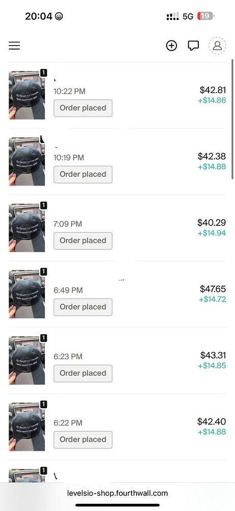 The image displays a list of recent orders for Claude hats with timestamps and prices.