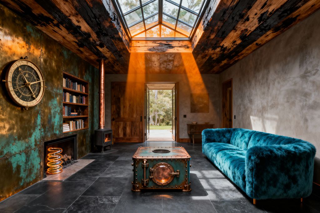 A steampunk-inspired living room features a wall clad in riveted verdigris copper with a built-in bookcase, a large brass-faced gauge-style clock, and a cast-iron stove with a polished copper flue. A teal furry sofa faces a riveted copper-and-teal porthole coffee table on dark slate floors beneath a charred wood ceiling and glass skylight that casts warm orange beams onto textured gray plaster walls.