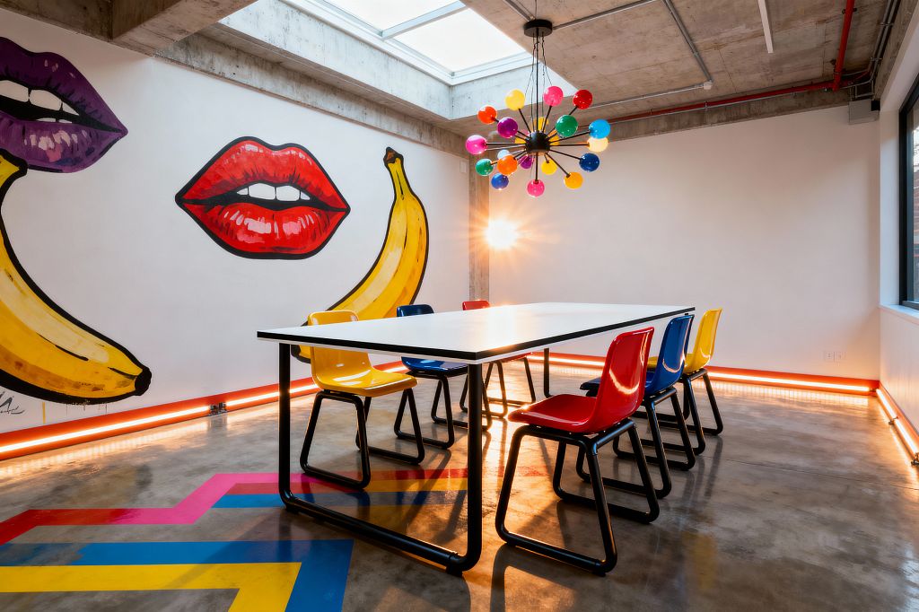 An industrial-style dining room features a long white table with black sled legs surrounded by red, yellow, and blue plastic chairs. A sputnik chandelier with multicolored globes hangs beneath a skylight as orange LED strips graze the white walls; oversized Pop Art graphics of bananas and glossy lips cover one wall, and polished concrete flooring carries bold zigzag stripes in magenta, blue, and yellow beside a large window.