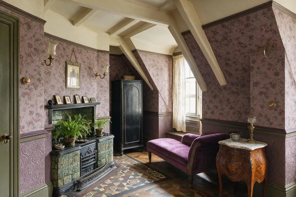 A Victorian-style studio apartment with floral lavender wallpaper, exposed cream ceiling beams, and a patterned tile floor. The room includes an ornate green-tiled fireplace, a deep purple chaise lounge, a black armoire, and a carved wooden side table near a sunlit window with lace curtains.