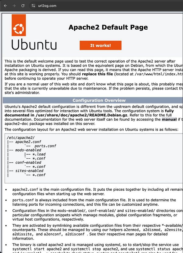 The image displays the Apache2 default welcome page on an Ubuntu system.