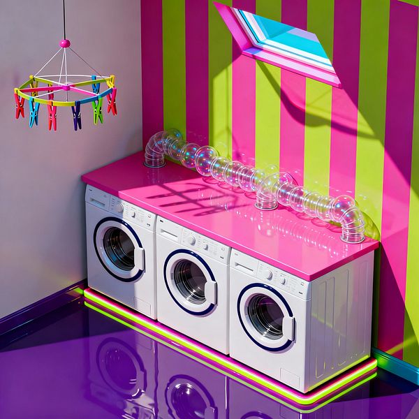 A pop art laundry room features three white front-loading machines lined under a high-gloss hot pink countertop against a wall of lime and fuchsia vertical stripes. A transparent corrugated duct snakes along the counter, a geometric skylight casts cyan and magenta light, a reflective purple epoxy floor gleams with neon trim, and a playful ceiling ring with multicolored clothespins hangs overhead, emphasizing the bold palette and graphic shapes.