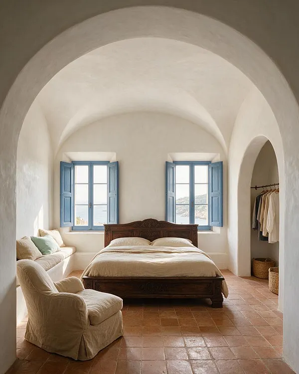 A Mediterranean-style bedroom with white plastered arched ceilings, terracotta tile floors, and two tall windows with soft blue shutters. The room includes a carved wooden bed, cream bedding, a slipcovered armchair, a matching sofa, and a small dressing alcove with hanging clothes and woven baskets.
