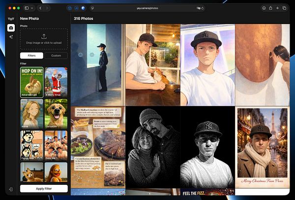 The image displays a web UI for managing photos, featuring a grid layout with various images and a sidebar for filters.