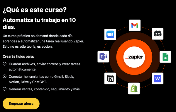 The image promotes a course on automating work using Zapier.