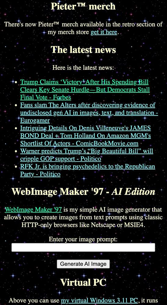 The image displays a retro-styled webpage featuring news updates, a merchandise section, and an AI image generator tool.