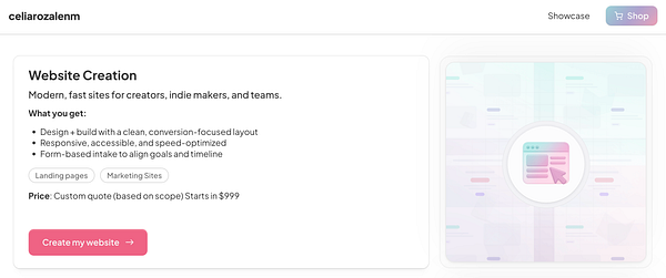 The image displays a website creation service offering with details on features and pricing.