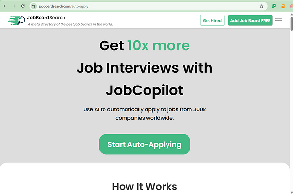 The image displays a webpage promoting JobCopilot for job applications.
