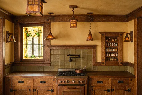 A Craftsman-style kitchen with rich wood cabinetry, dark wood trim, and a stained-glass window above the counter. The space features green tile backsplash, a vintage-style stove, pendant lights with amber glass, and a built-in spice cabinet on the right wall.