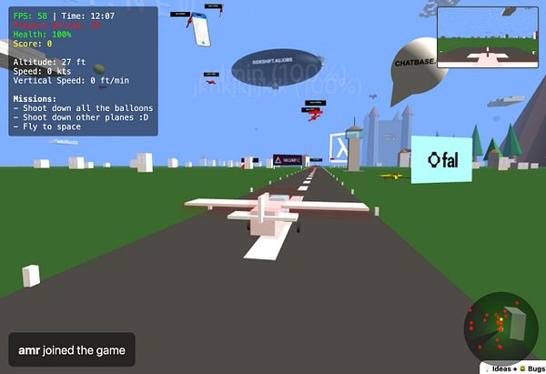 A virtual game interface displaying a flight simulation with various elements and player activity.