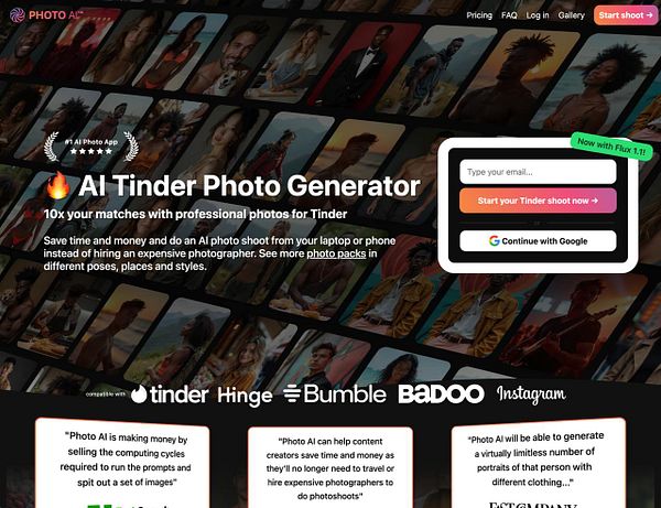 The image features a promotional webpage for an AI photo generator designed for dating apps.