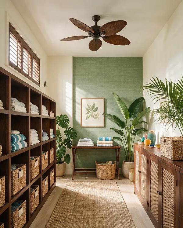 A bright tropical-style closet with dark wood cubbies on the left, woven storage baskets, and a cane-front cabinet on the right. The room includes potted palms, a green textured accent wall, a jute runner, and a ceiling fan with leaf-shaped blades.