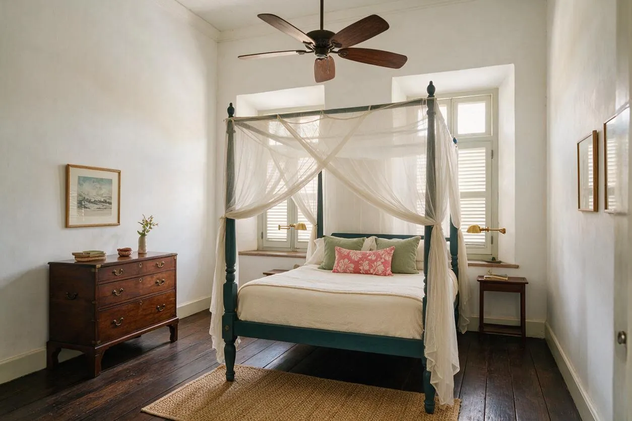 A bright guest bedroom with white walls and dark wood floors features a teal four-poster bed draped in sheer mosquito netting. The room includes a dark wood dresser, small bedside tables, shuttered windows, woven rug, and a ceiling fan with wood blades.