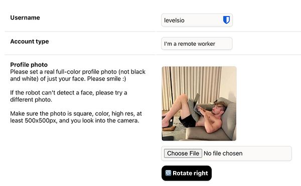 The image displays a user interface for uploading a profile photo, featuring a user lounging on a couch.