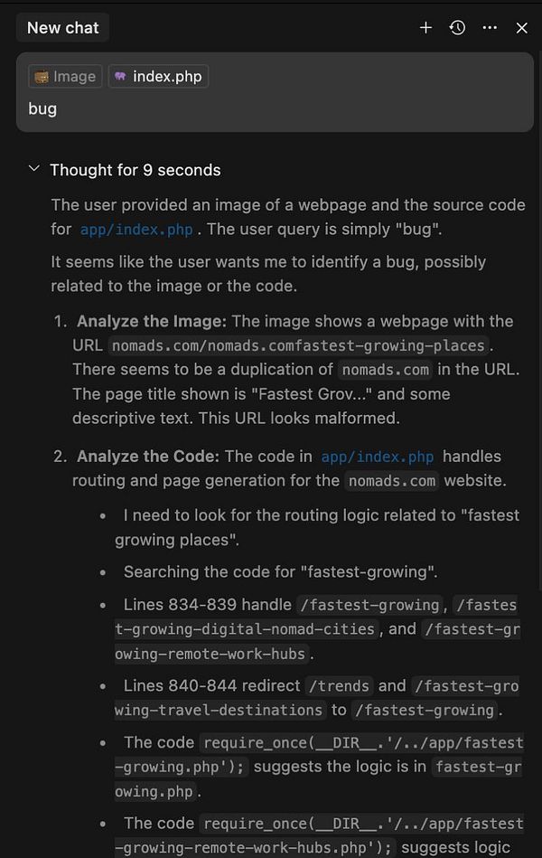 The image displays a chat interface discussing a URL bug related to a webpage and its source code.