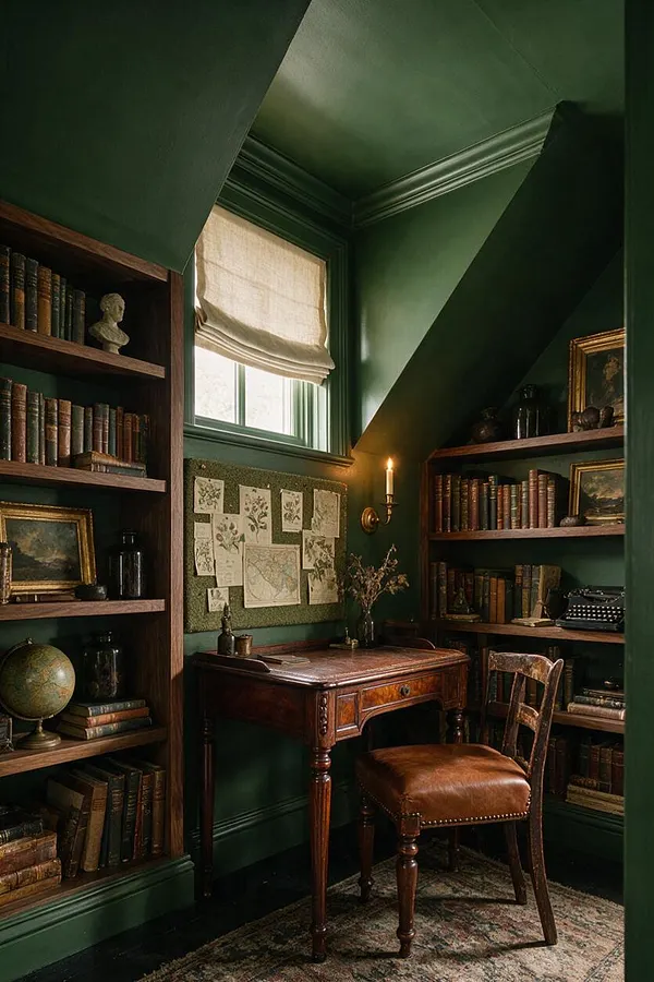 A moody home office with deep emerald green walls, built-in wooden bookshelves filled with old books, and a small antique writing desk centered beneath a window with a linen Roman shade. A leather chair, vintage globe, framed artwork, and candle-style sconce complete the scholarly, old-world atmosphere.