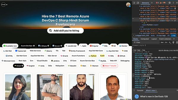 The image displays a webpage for hiring remote freelancers with a focus on Azure DevOps and C# skills, alongside a browser's developer tools interface showing HTML elements.